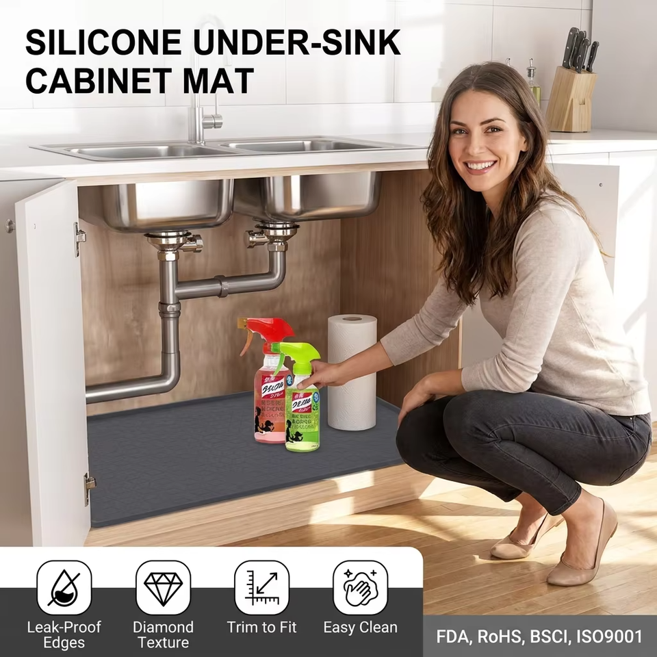 Custom Waterproof Kitchen Sink Mat with Drain Hole Anti-slip Kitchen Cabinet Protector Under Mat Sink Silicone Mat