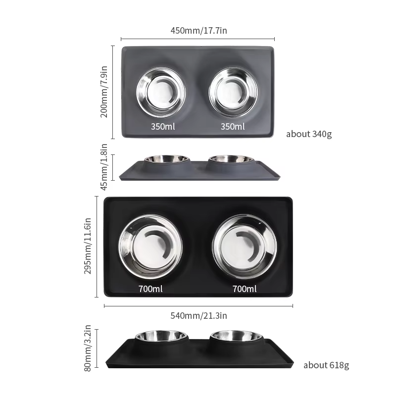 New Arrivals Waterproof Cats Dogs Pets Silicone Mat Double Food Bowl Pet Feeder Mat Bowl Set