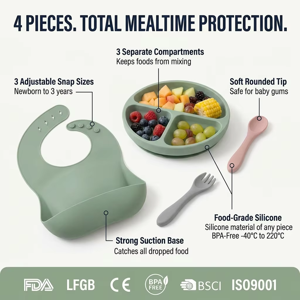 BPA Free Silicone Baby Bowl Kids Plate Bib Weaning Set Children Tableware for Safe Baby Feeding
