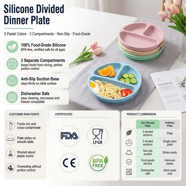 2027 New Bpa Free Silicone Baby Plate With Lid Food Grade Kids Toddler Feeding Suction Divider Baby Silicone Bowl