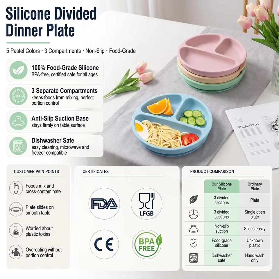 Plato de silicona sin Bpa para beb&eacute; con tapa, cuenco de silicona para beb&eacute; de grado alimenticio, divisor de succi&oacute;n para alimentaci&oacute;n de ni&ntilde;os peque&ntilde;os, novedad de 2027
