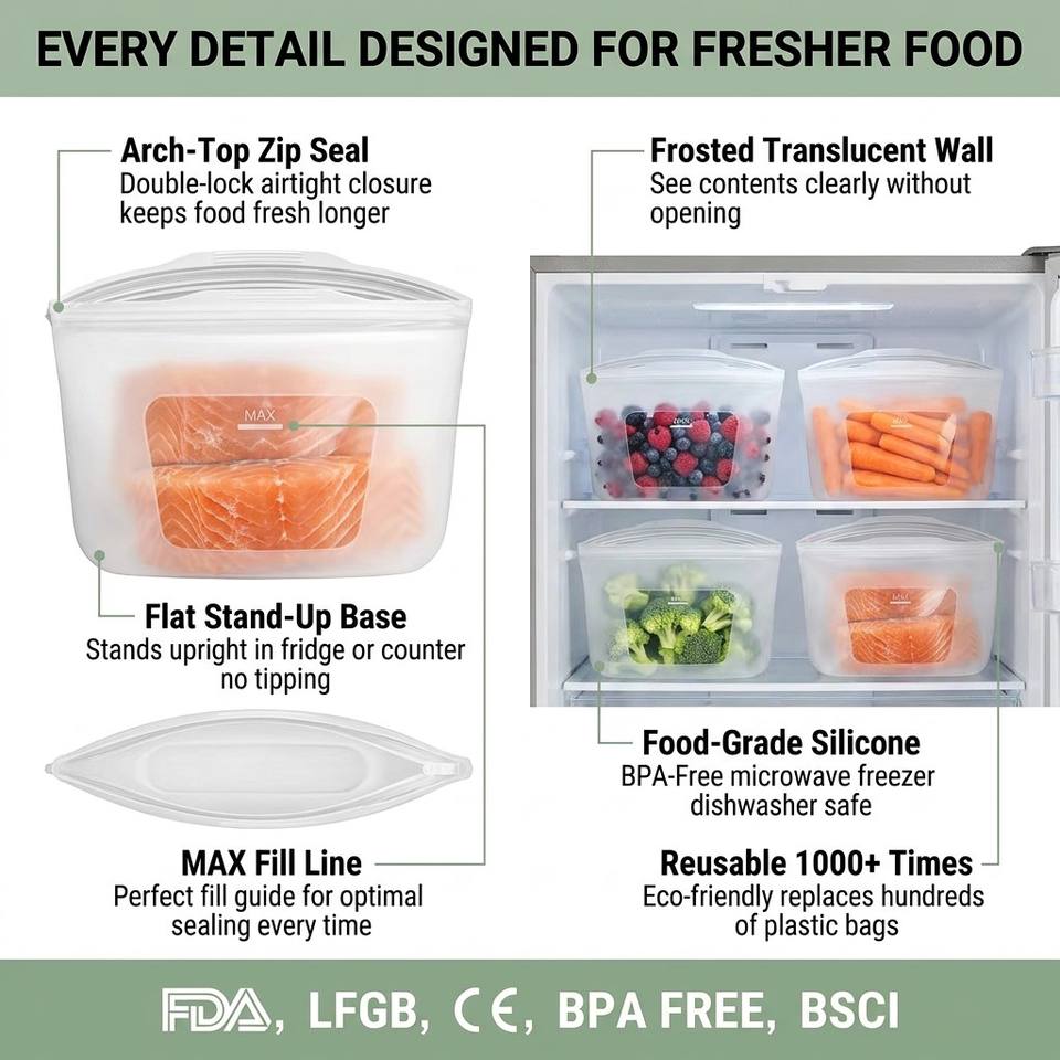Bolsa de almacenamiento de alimentos de silicona 100%, contenedor de alimentos reutilizable para tienda de cocina, apto para lavavajillas, a prueba de fugas y congelaci&oacute;n