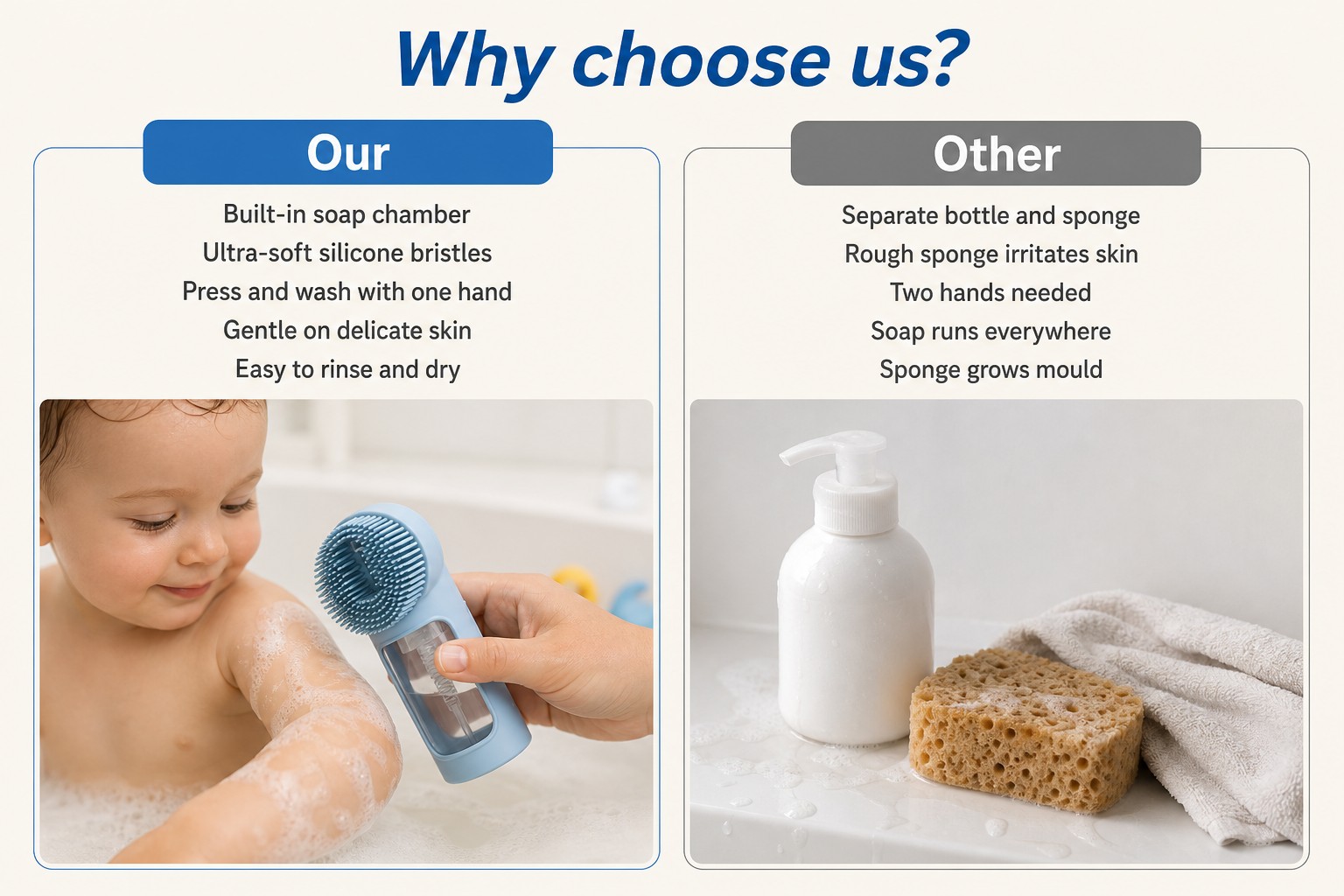 <p><b>Why Choose Our Silicone Baby Bath Brush for Parents</b></p> <link href="https://fonts.googleapis.com/css?family=Inter" rel="stylesheet" type="text/css" />