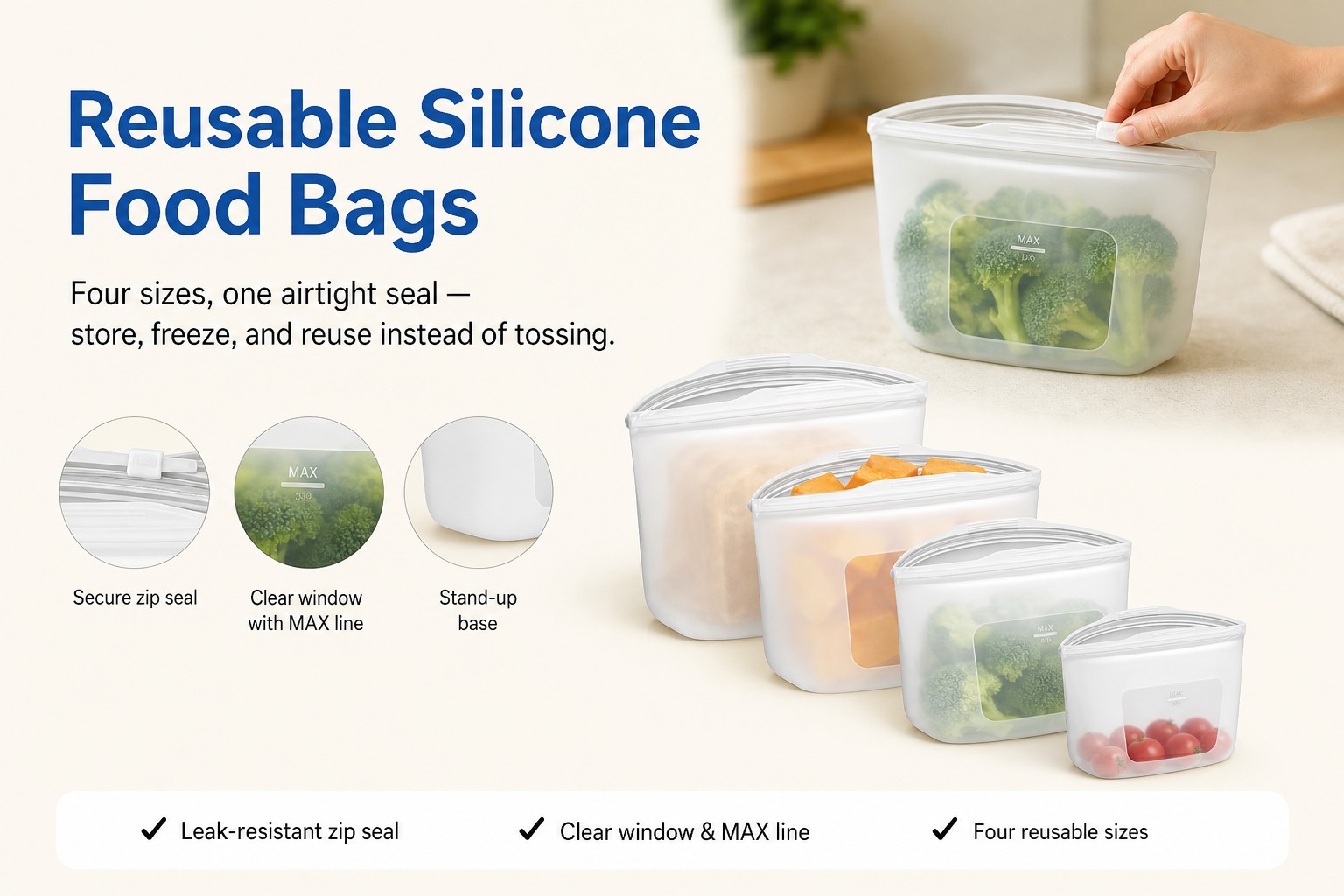<p><b>Silicone Food Bags for Fresher, More Organized Storage</b></p> <link href="https://fonts.googleapis.com/css?family=Inter" rel="stylesheet" type="text/css" />