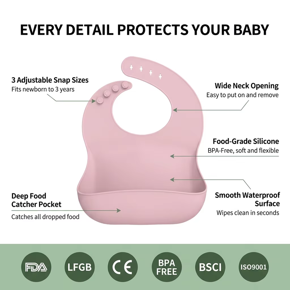 BPA-Free Soft Silicone Baby Bibs for Kids Waterproof Custom Printed with Button Closure OEM Service Available