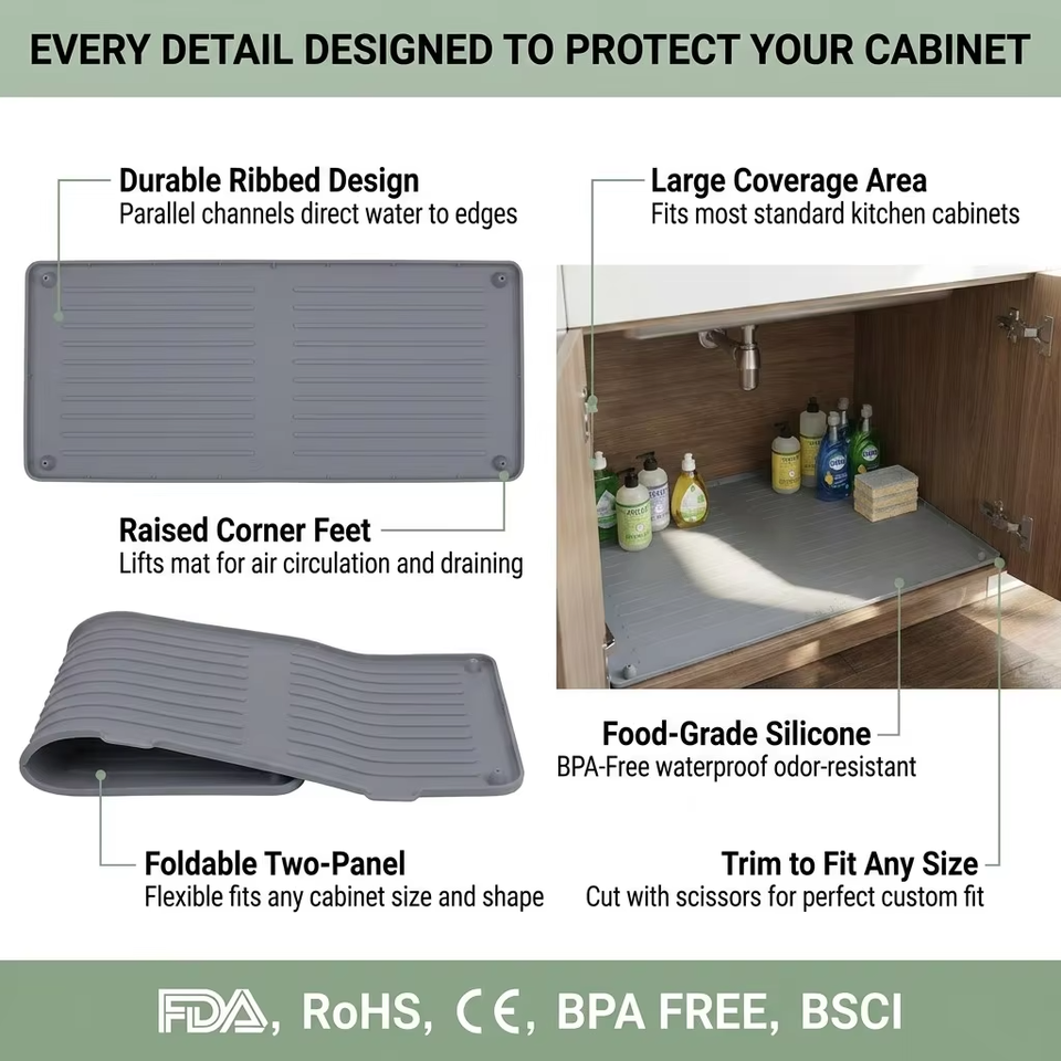 Hot Selling Waterproof Under Sink Mat Cabinet Liner Protector Silicone Drain Mat Kitchen Dish Tray Cutting Service