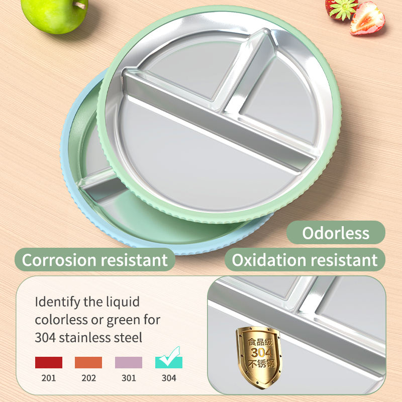 2026 Custom Logo Baby Tableware Kids Dinning Three Divided 304 Stainless Steel Plate Baby Silicone Plate