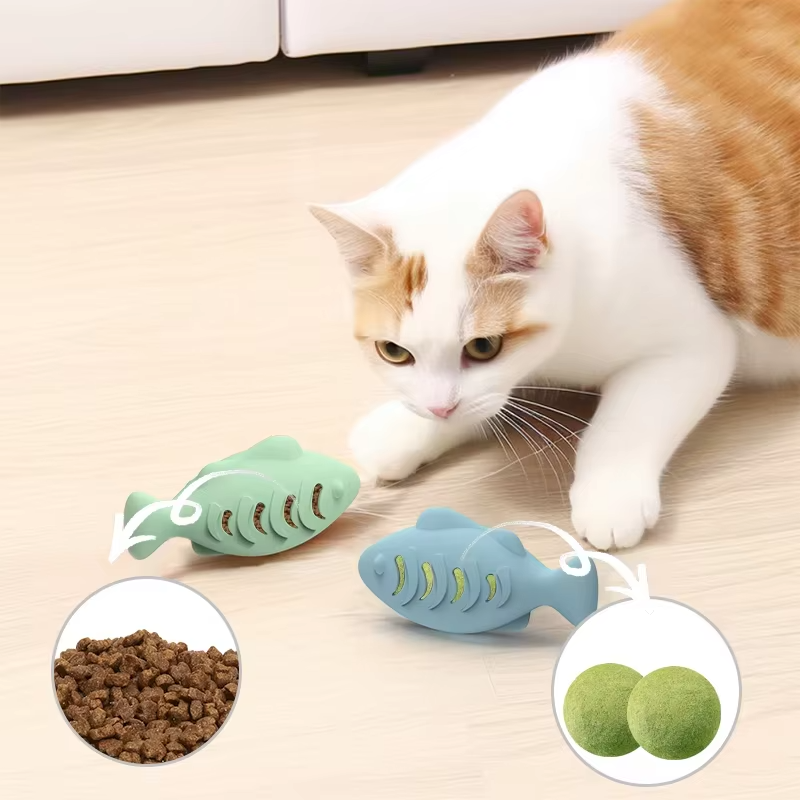 Eco-Friendly Fish-Shaped Bite-Resistant Molar Self-Pleasure Silicone Pet Toy Food Grade for Catnip Cats