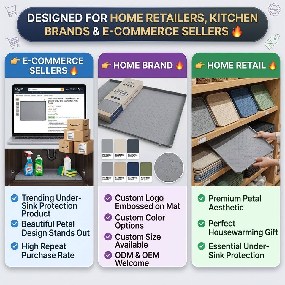 Kitchen Cabinet Liner Multi-Purpose Under Sink Mat Extra Thick Silicone Mat Waterproof with Raised Edge for Kitchen