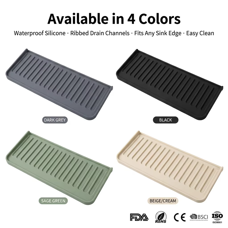 Wellfine Silicone Faucet Splash Guard Water Catcher Mat Sink Mat Tray Drying Mat Dish Sponge Holder Kitchen Sink Accessory