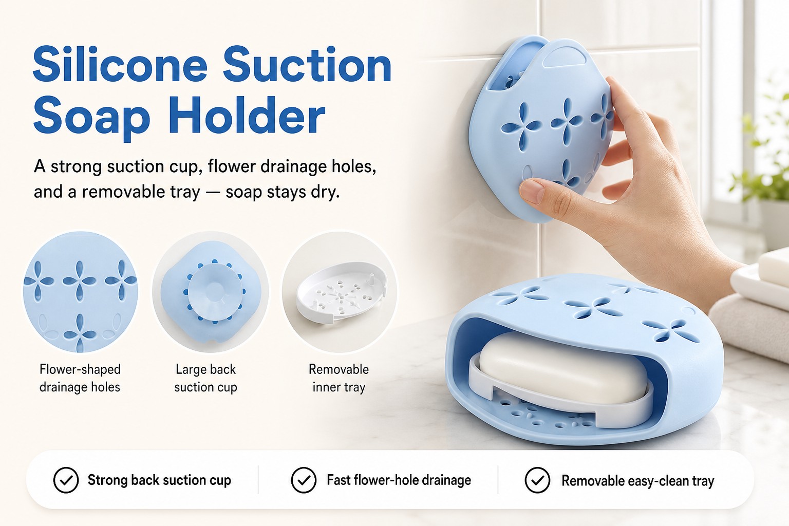 <b>Silicone Soap Holder for Cleaner, Tidy Bathrooms</b> <link href="https://fonts.googleapis.com/css?family=Inter" rel="stylesheet" type="text/css" />
