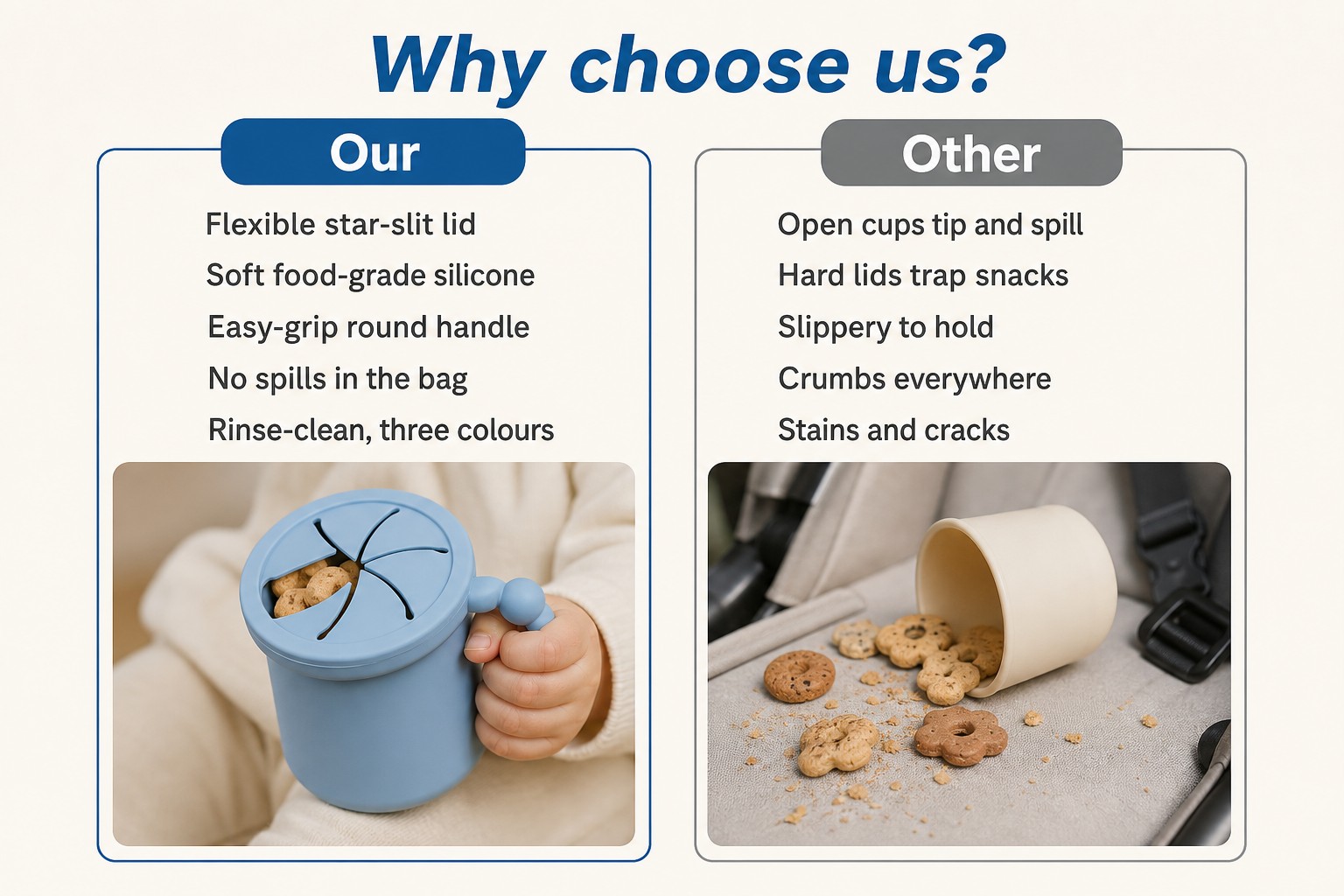 <b>Why Choose Our Silicone Snack Cup for Parents</b> <link href="https://fonts.googleapis.com/css?family=Inter" rel="stylesheet" type="text/css" />