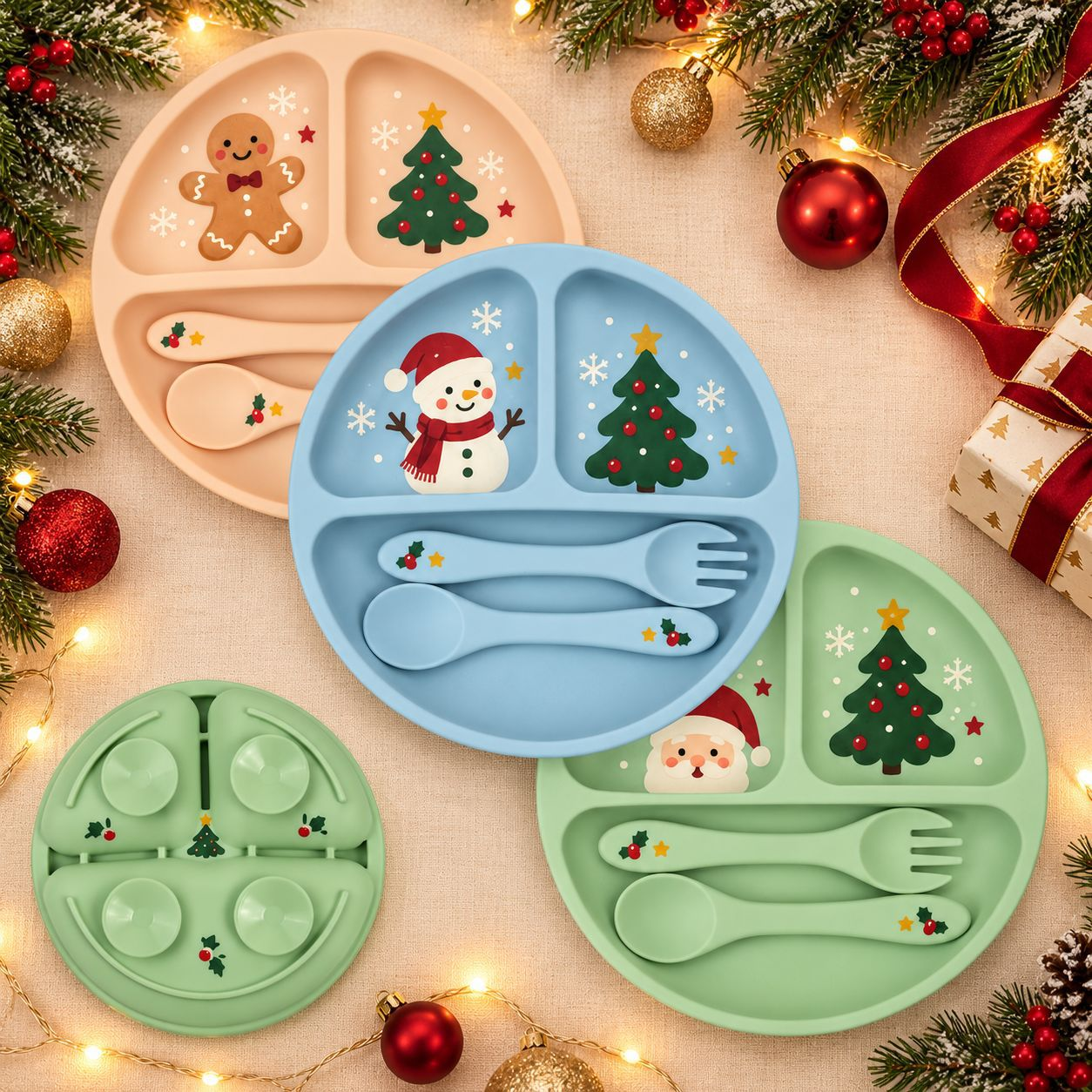 Christmas Silicone Baby Plate - Divided Suction Feeding Set