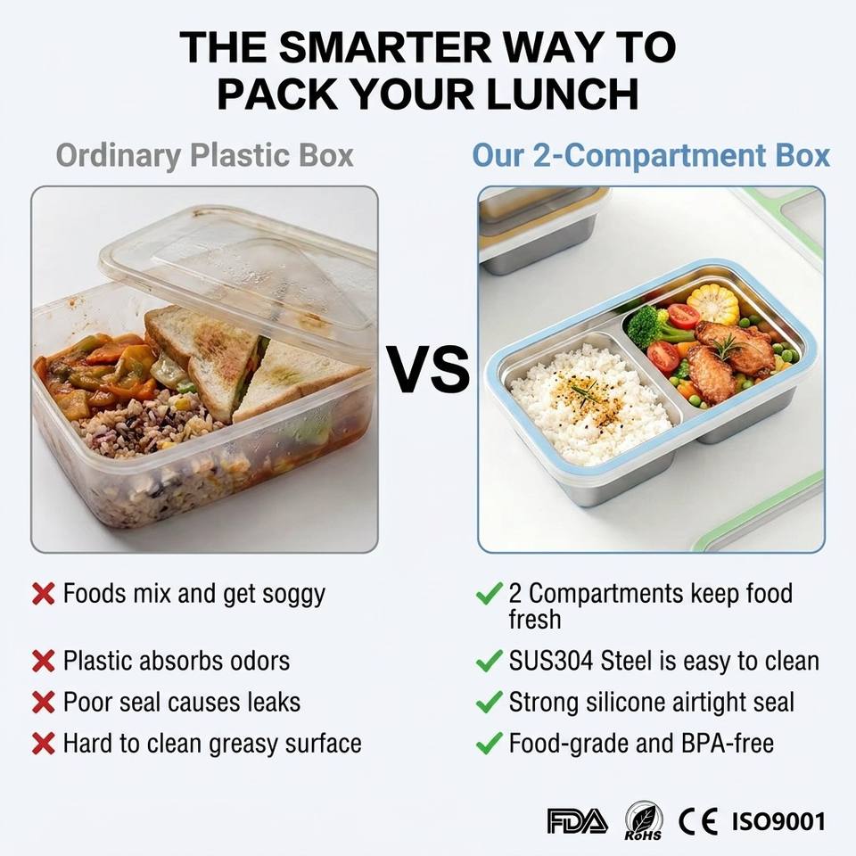 304 Stainless Steel 2 Compartments Leak Proof Bento Box Kids Metal Bento Lunch Box Containers Portable Lunch Box