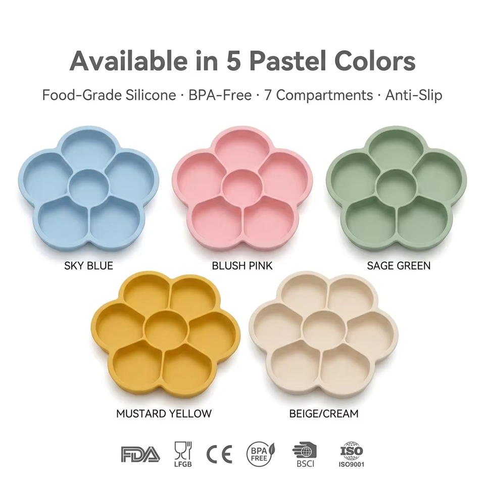 Wellfine BPA Free Kids Feeding Set Flower Plate Wholesale Dishes Baby Silicon Suction Plate Tableware Baby Plate With Lid