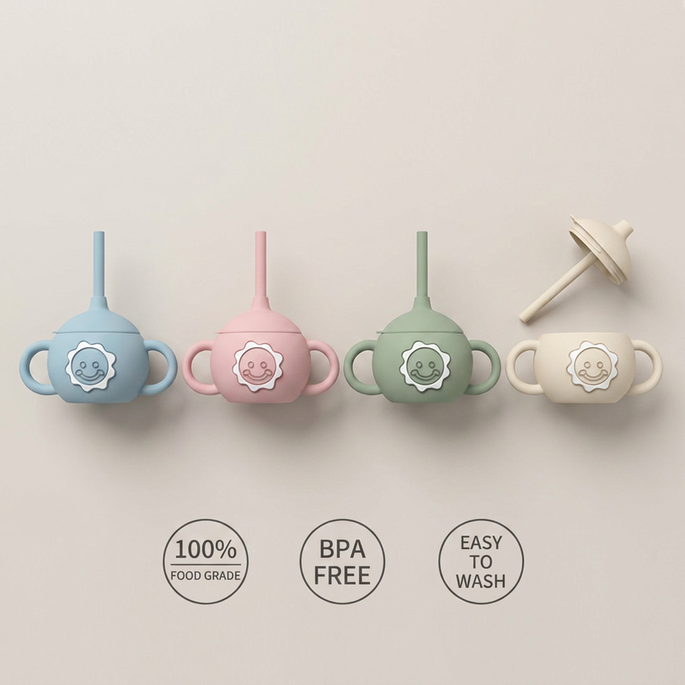 Bpa Free Silicone Drinking Training Cup Cute Toddler Kids Water Bottle Cup Leakproof Baby Sippy Cup with Straw and Handle