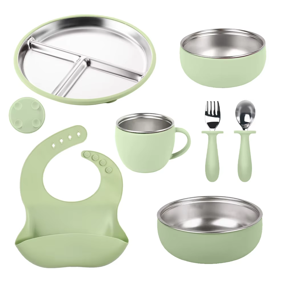 Wellfine Baby Tableware Set Food Grade Silicone Easy to Clean Stainless Steel Plate with Suction Set