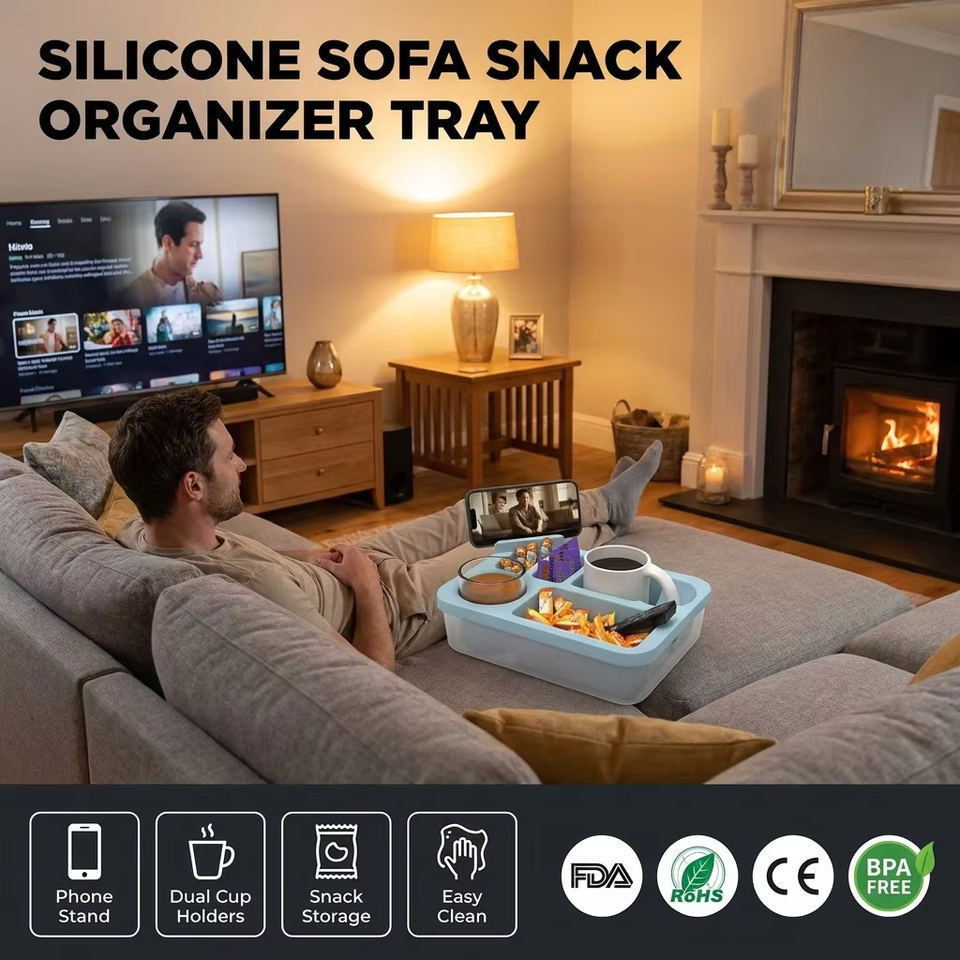 New Arrivals Silicone Couch Caddy Snack Box Waterproof Organizer Tray with Cup and Phone Holder for Bed Car Seat Beach Use