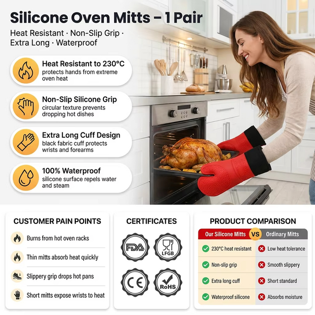 Waterproof BBQ Oven Mitts Inner Cotton Layer Heat Resistant Grilling Pot Holder Microwave Baking Silicone Gloves for Oven