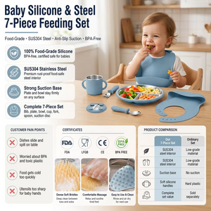 Custom Logo Kids Dining Toddler Removable Silicone Shell Baby Suction Divided Plates Stainless Steel Kids Plate