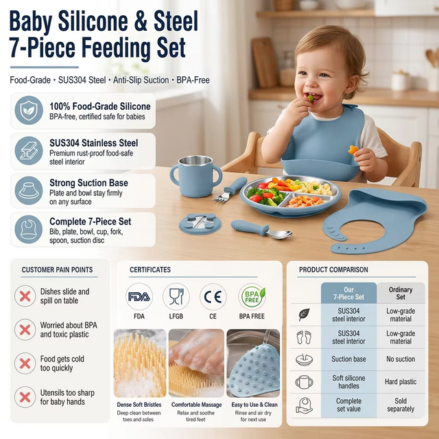 Custom Logo Kids Dining Toddler Removable Silicone Shell Baby Suction Divided Plates Stainless Steel Kids Plate