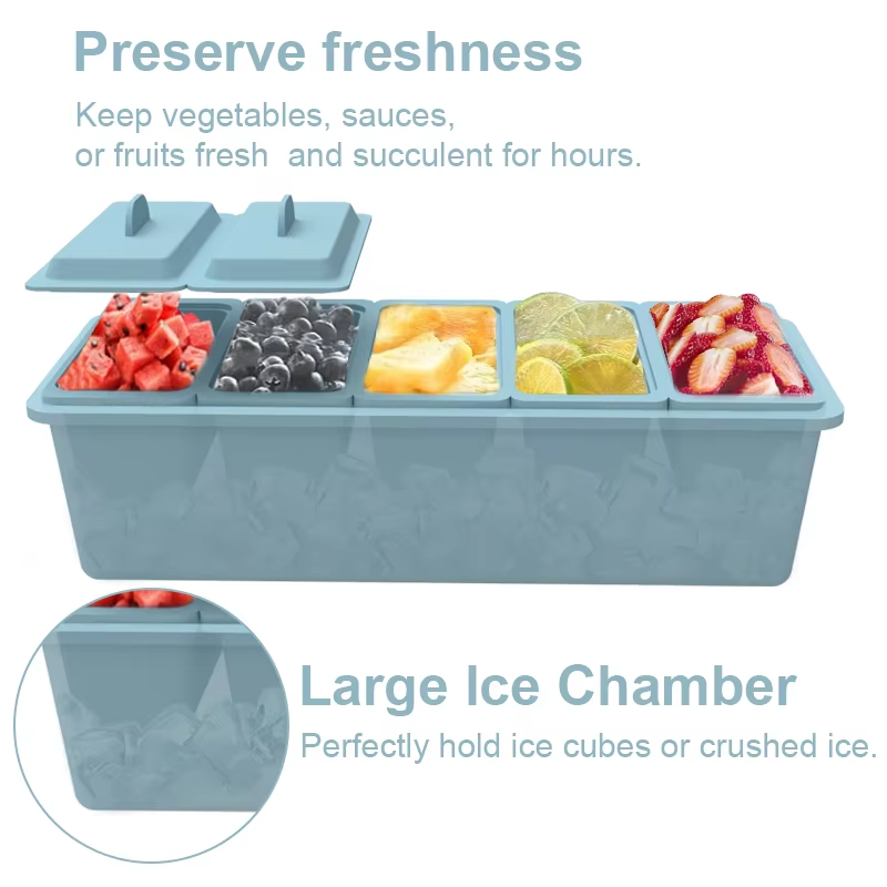 Wellfine Large Ice Chilled Condiment Caddy 5 Removable Compartment Serving Platters Fruit Garnish Tray