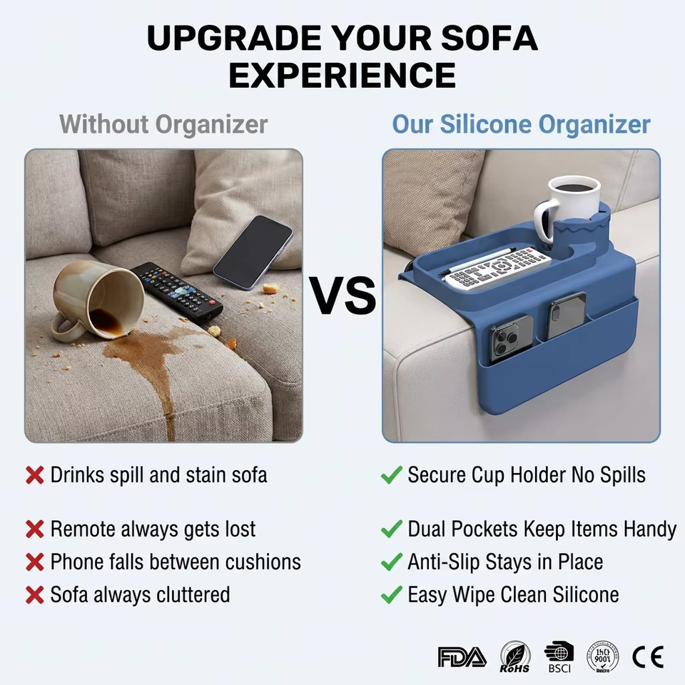 Nuevo Portavasos de silicona para sof&aacute;, bandeja port&aacute;til de silicona para reposabrazos de sof&aacute; para taza de caf&eacute;, tel&eacute;fono, aperitivos remotos