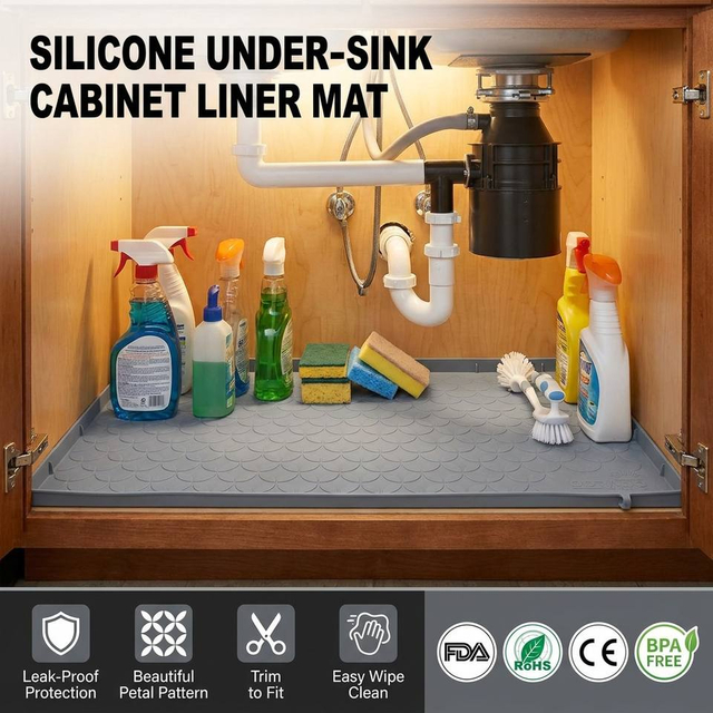 Kitchen Cabinet Liner Multi-Purpose Under Sink Mat Extra Thick Silicone Mat Waterproof with Raised Edge for Kitchen