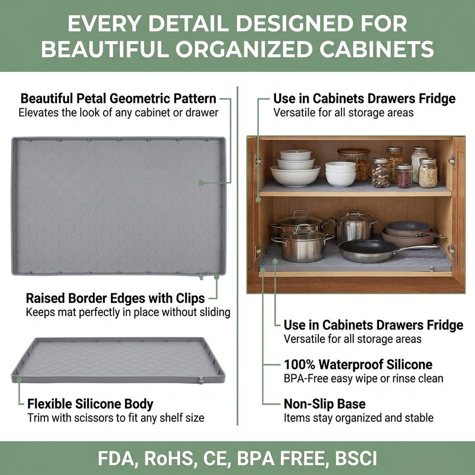 Kitchen Cabinet Liner Multi-Purpose Under Sink Mat Extra Thick Silicone Mat Waterproof with Raised Edge for Kitchen