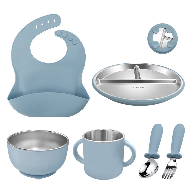 Wellfine Silicone Plate Baby Bpa Free Food Grade Divided Suction Dinner Kids Bowl 5pcs Feeding Stainless Steel Set