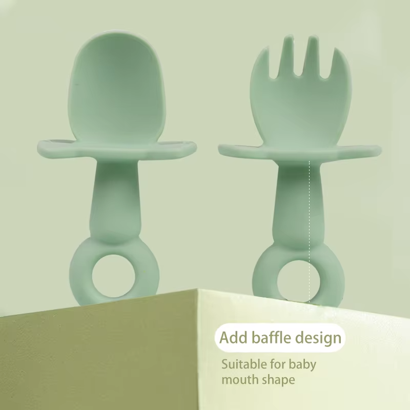 BPA Free Silicone Baby & Toddler Feeding Utensils Children's Design Style-Safety Food Spoon Fork