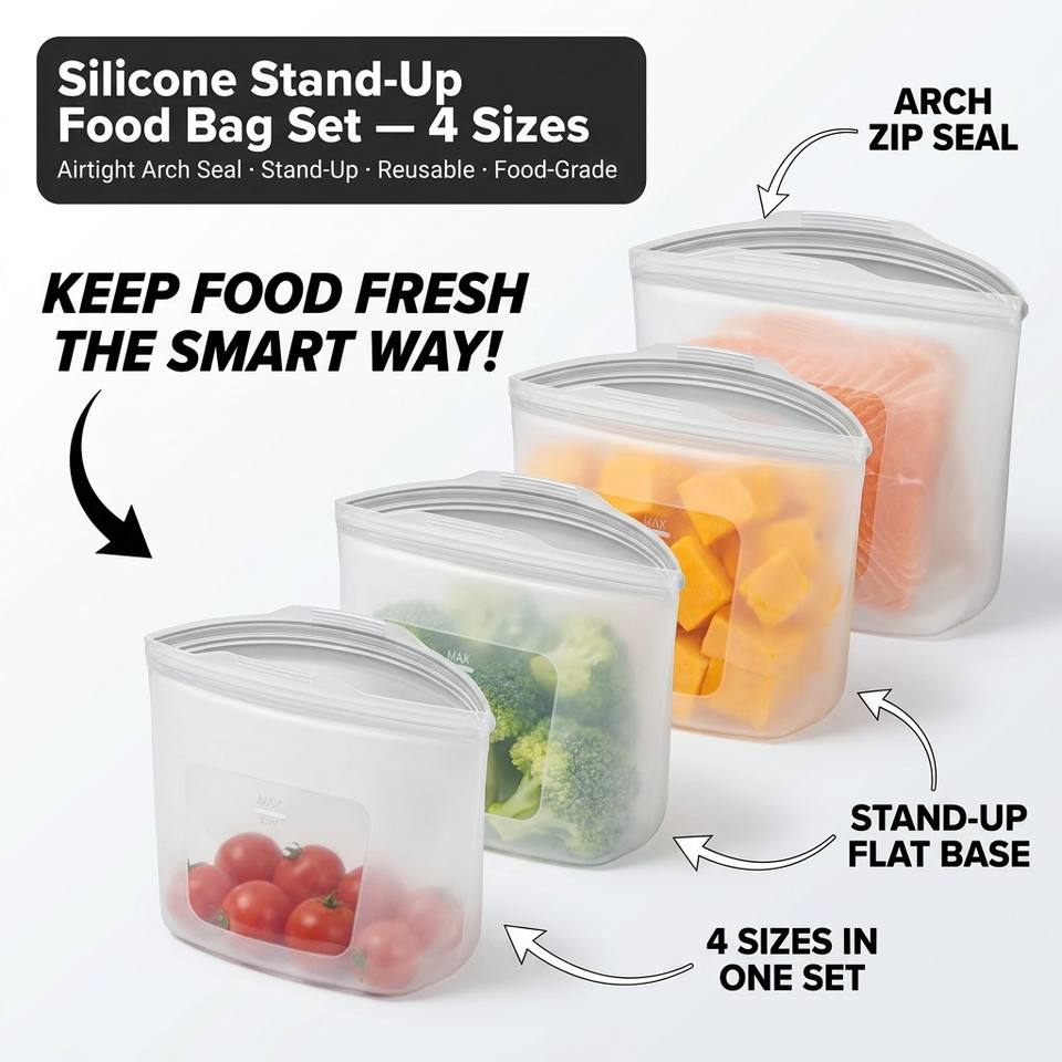 Bolsa de almacenamiento de alimentos de silicona 100%, contenedor de alimentos reutilizable para tienda de cocina, apto para lavavajillas, a prueba de fugas y congelaci&oacute;n