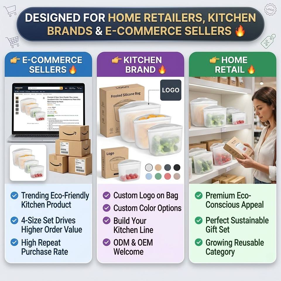Bolsa de almacenamiento de alimentos de silicona 100%, contenedor de alimentos reutilizable para tienda de cocina, apto para lavavajillas, a prueba de fugas y congelaci&oacute;n