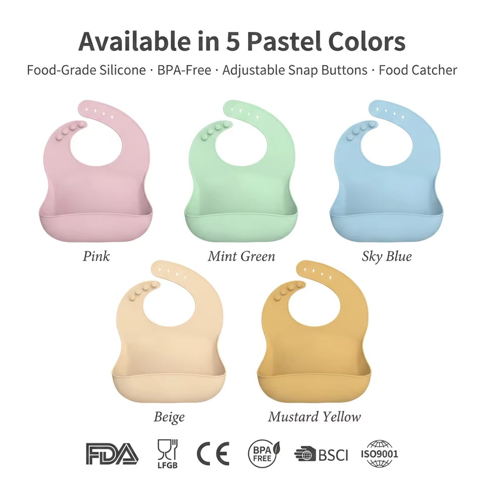 BPA-Free Soft Silicone Baby Bibs for Kids Waterproof Custom Printed with Button Closure OEM Service Available