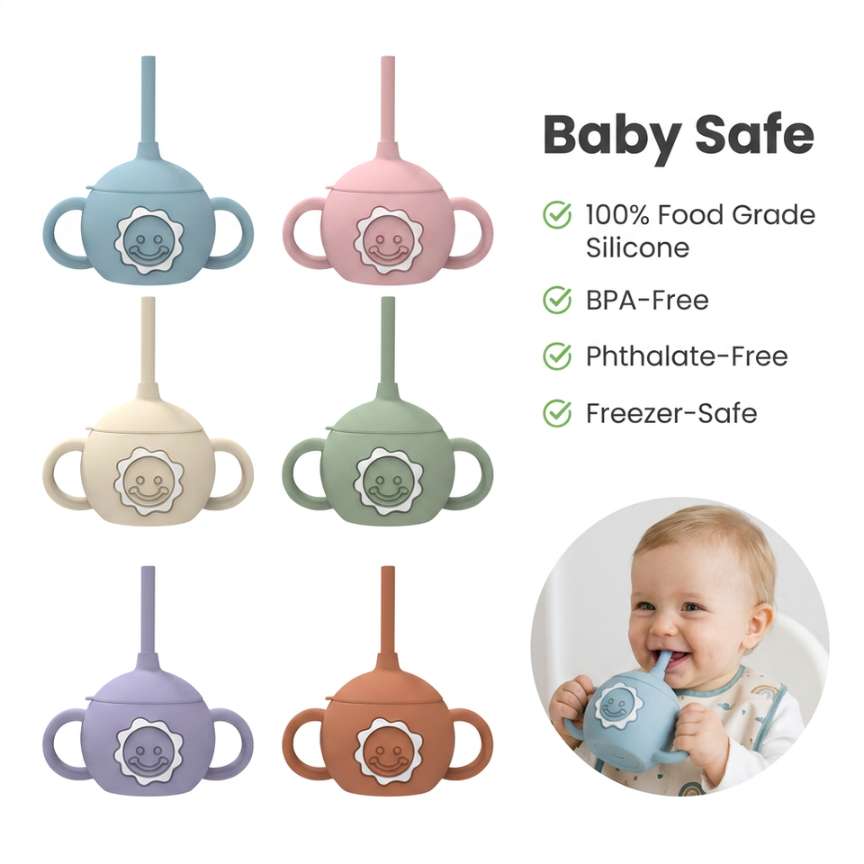 Bpa Free Silicone Drinking Training Cup Cute Toddler Kids Water Bottle Cup Leakproof Baby Sippy Cup with Straw and Handle