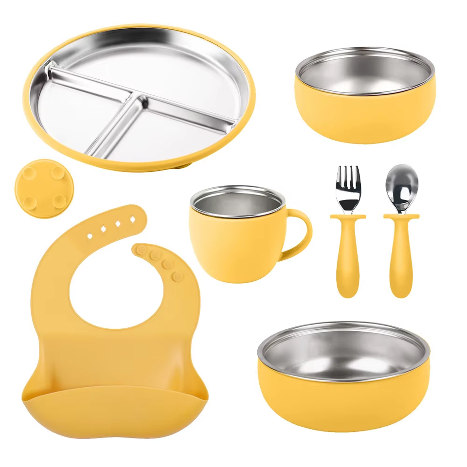 Wellfine Classic Design Children's Tableware 304 Stainless Steel Silicone Dinner Plate with Suction Cup Boxed