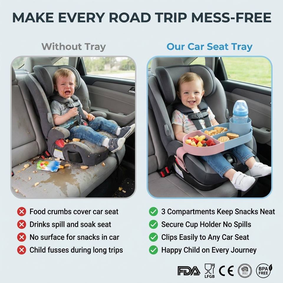 Modern Kids Car Seat Travel Tray with Cup Holder and Snack Convertible Design Solid Style Convertible Snack Tray