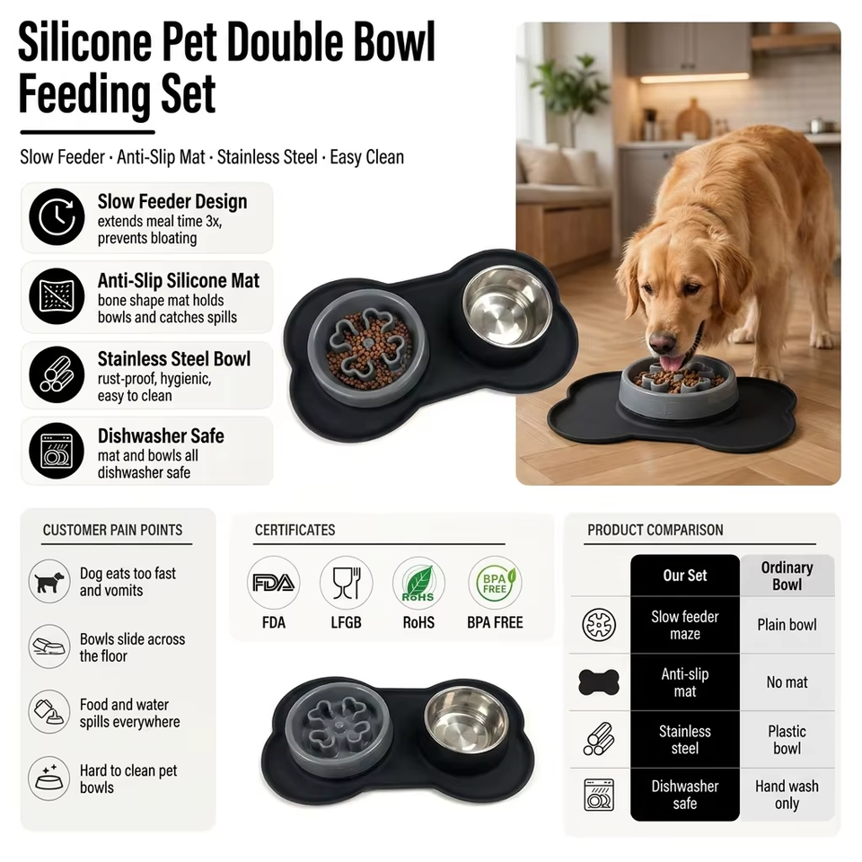 Silicone Pet Bowl for Dogs and Cats Feeder Bowls for Pets Dog Food Bowl with No-Spill and Non-Slip Design