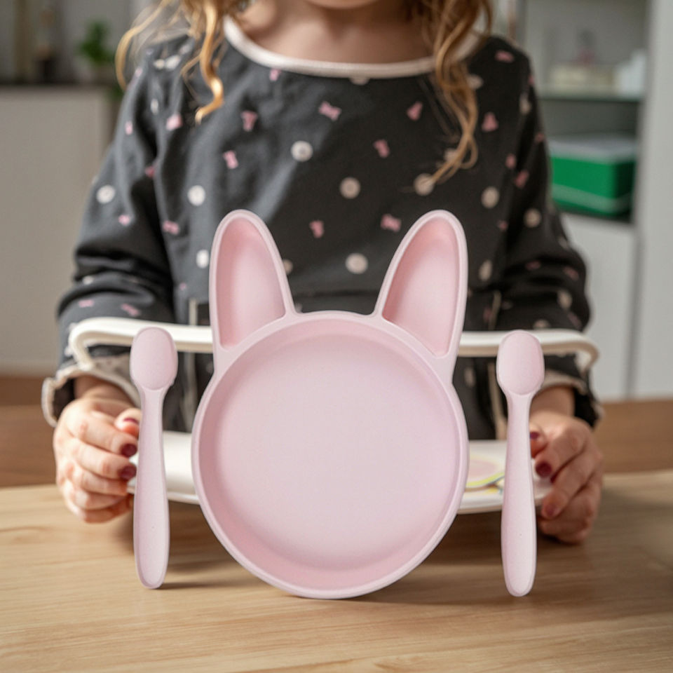 Custom Logo Bunny Rabbit Silicone Baby Feeding Set Manual Driven Plate for 0-12 Months Baby