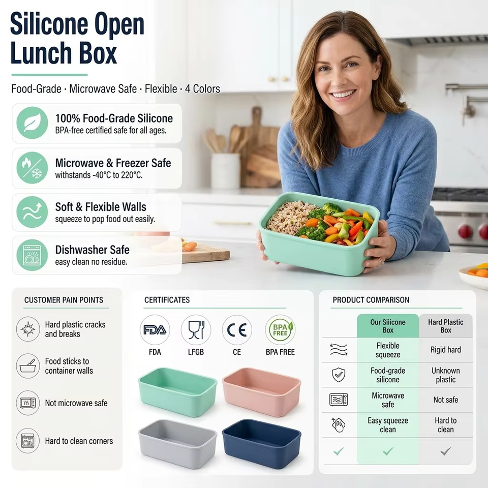 3 Cavity Silicone Bento case Leakproof Silicone Soft Snacks Food Grade Silicone Storage Box Bento Box