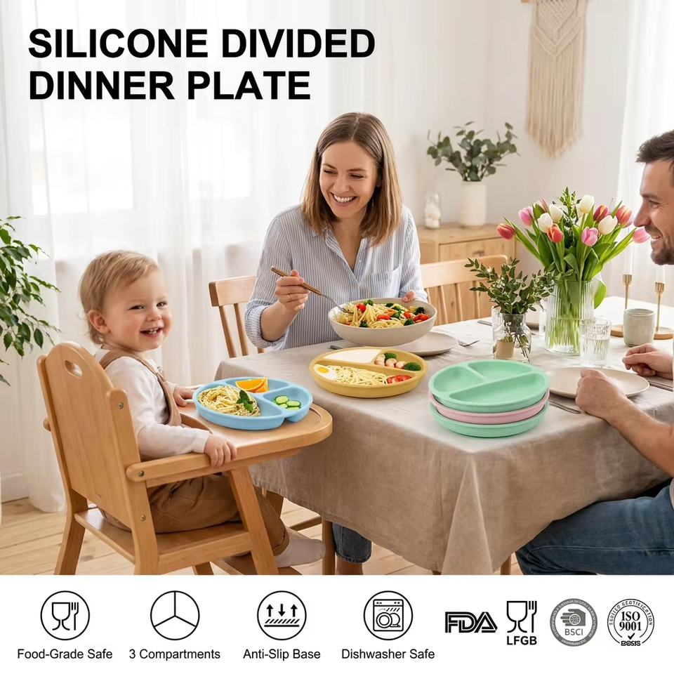 2027 New Bpa Free Silicone Baby Plate With Lid Food Grade Kids Toddler Feeding Suction Divider Baby Silicone Bowl