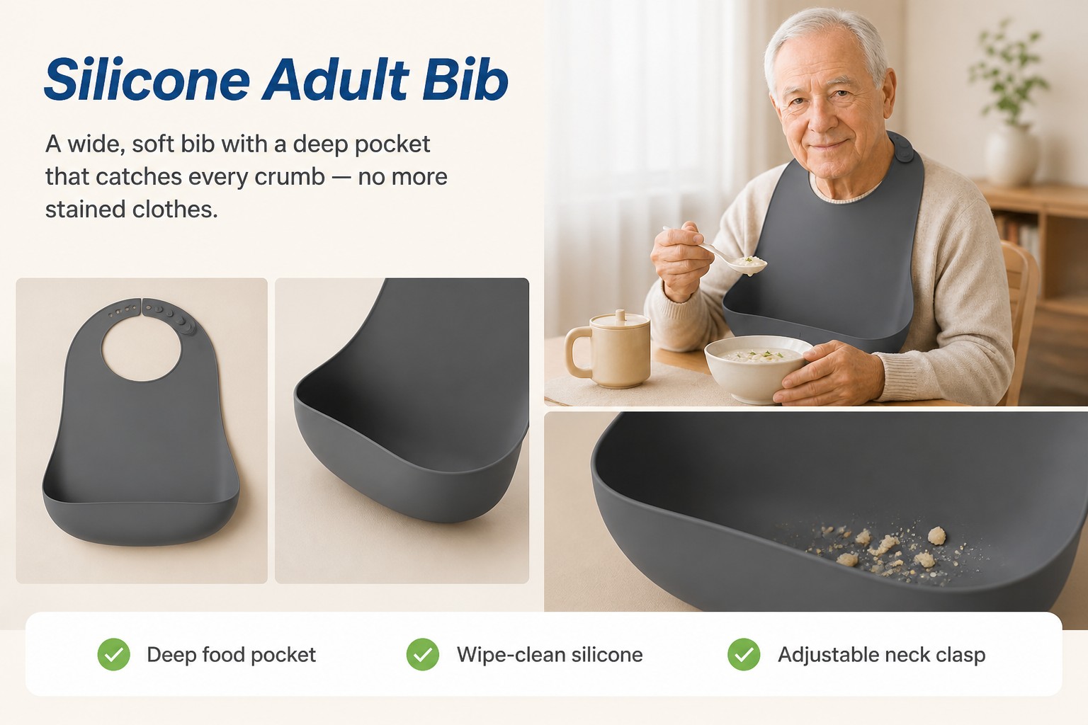 <p><b>Silicone Bib for Dignified, Mess-Free Mealtimes</b></p> <link href="https://fonts.googleapis.com/css?family=Inter" rel="stylesheet" type="text/css" />