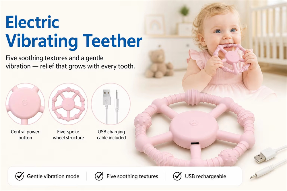 <span style="font-family:inter;"><span style="color:#2f4a52;"><strong>Vibrating Teether for Gentler Teething Relief</strong></span></span> <link href="https://fonts.googleapis.com/css?family=Inter" rel="stylesheet" type="text/css" />