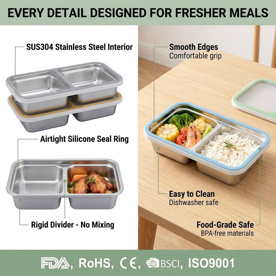 304 Stainless Steel 2 Compartments Leak Proof Bento Box Kids Metal Bento Lunch Box Containers Portable Lunch Box
