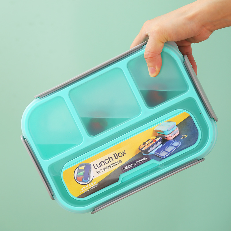 BPA-Free Rectangular Four Compartment Microwaveable Clamshell Bento Box Freshness Preservation Lunch Container for Students