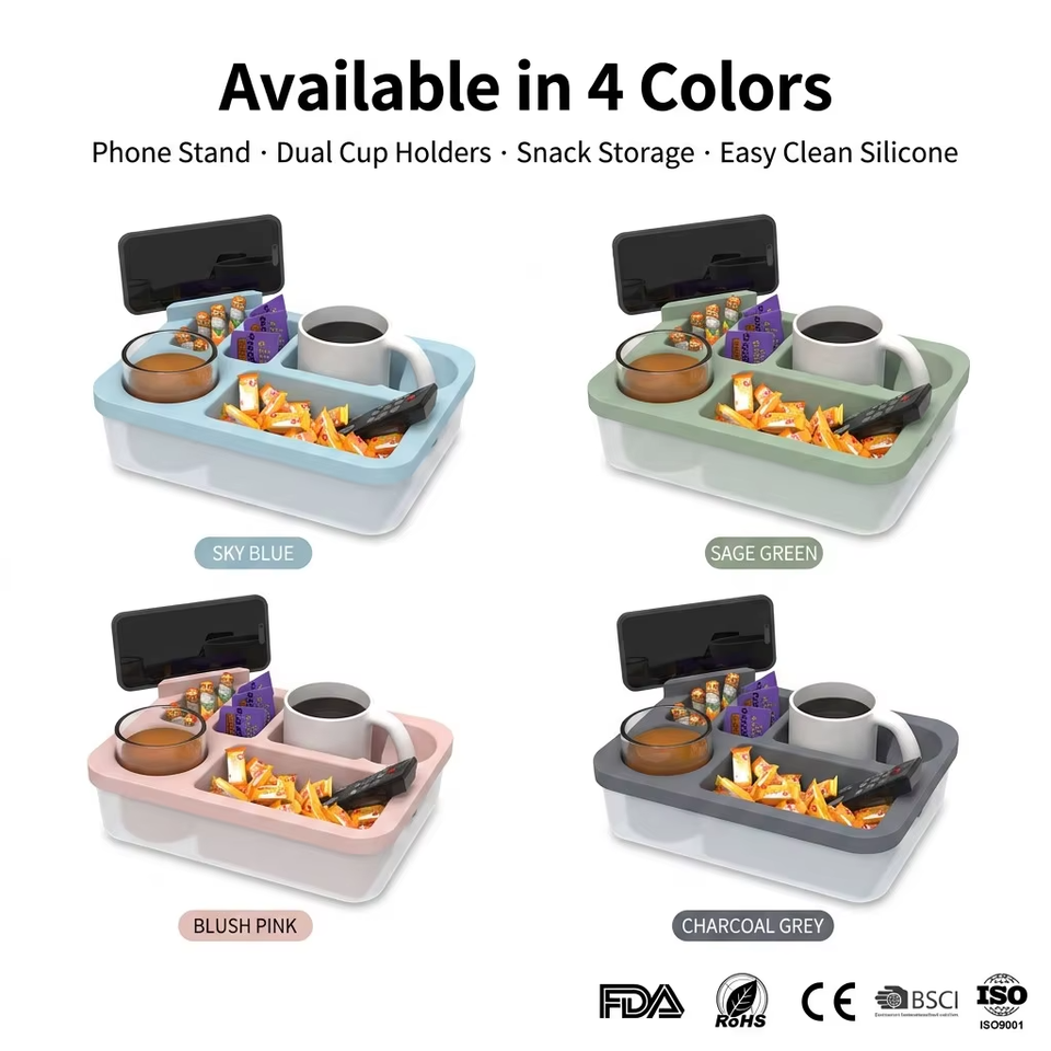 New Arrivals Silicone Couch Caddy Snack Box Waterproof Organizer Tray with Cup and Phone Holder for Bed Car Seat Beach Use