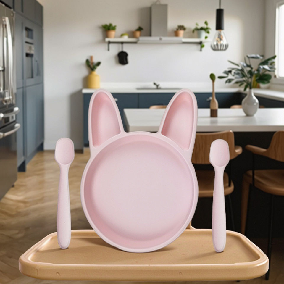 Custom Logo Bunny Rabbit Silicone Baby Feeding Set Manual Driven Plate for 0-12 Months Baby