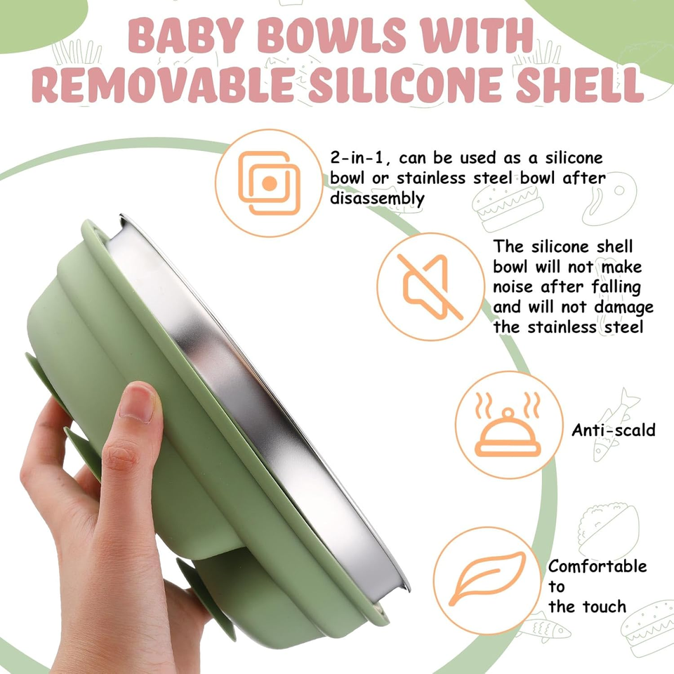 New Arrivals 2-in-1 Stainless Steel Silicone Shell Baby Toddler Bowl Divided Dishwasher Safe Weaning Dish Removable Suction