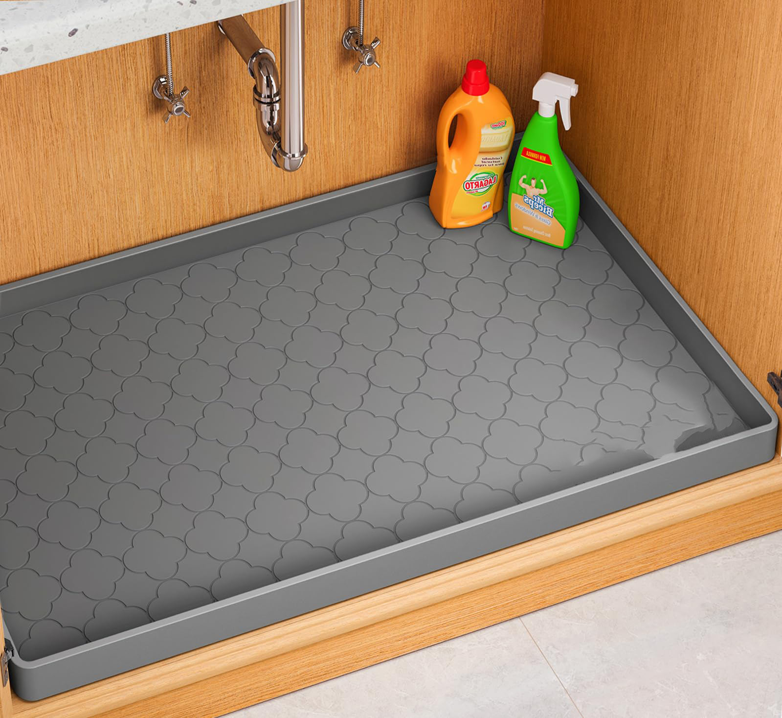 Silicone Under-Sink Mat with Water Drainage Cabinet Shelf Liner Non-Slip Mats Dishwasher-Safe Drawer Liner