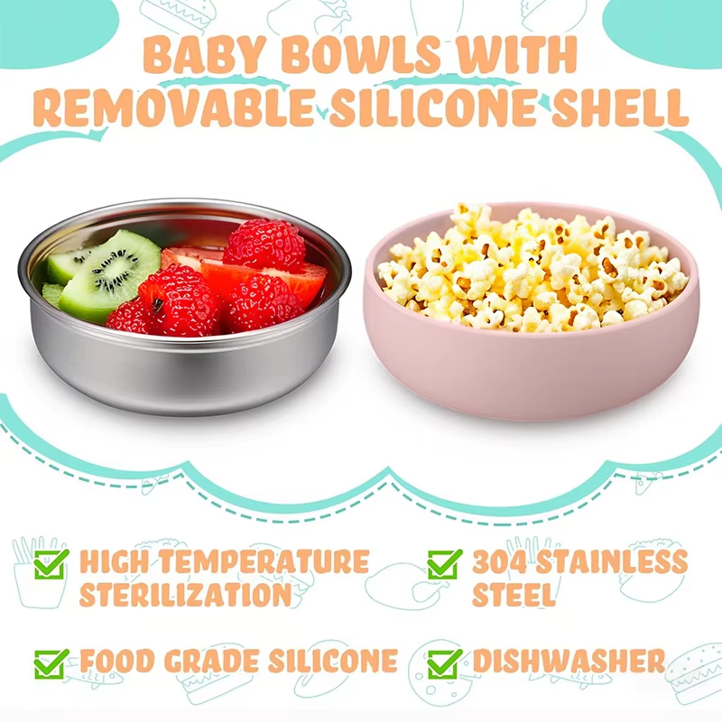Custom Non-Toxic 304 Stainless Steel Silicone Baby Feeding Set Modern 304 Stainless Steel Children's Suction Bowl Dinner Dishes